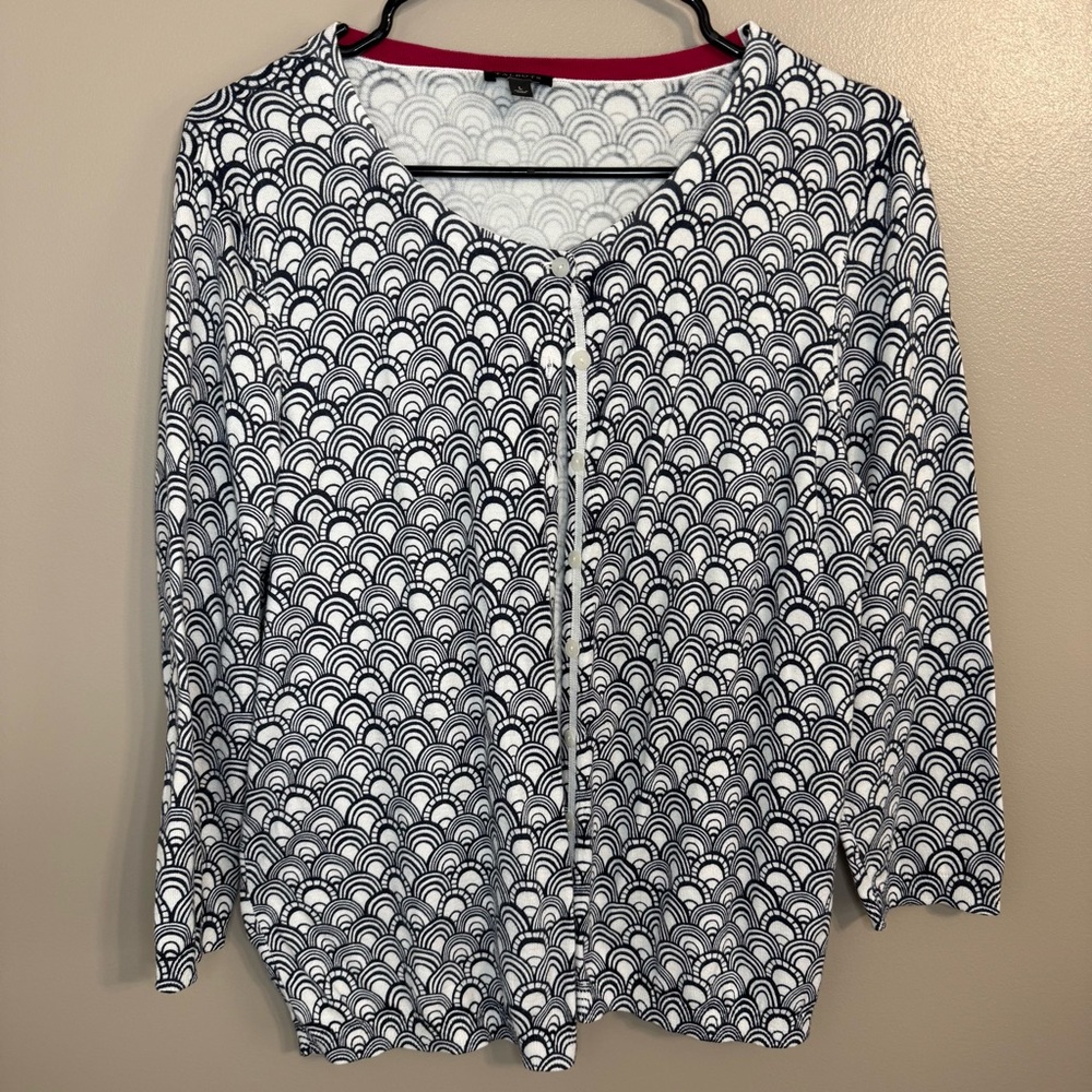 Talbots Navy White Geometric Cotton Rayon Cardigan Sweater 3/4 Sleeves Women’s L
